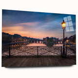 Large abstract depiction of Paris in muted blue and gray tones on acrylic glass, ideal for dining room art.