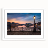 Textured abstract art print of Paris scenery in muted earth tones, framed with a white mat, suitable for bedroom decor.