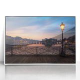 Mid-century modernist art of Paris skyline in pastel shades on a framed acrylic, ideal for nursery wall art.