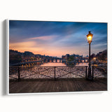 Vintage poster art of Paris with colorful imagery on a white-framed canvas, suitable for large living room walls.