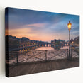 Paris skyline on large stretched canvas with muted blue and gray tones, suitable for kitchen wall art.