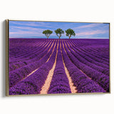 Framed canvas depicting a vintage-style landscape of Provence with muted earth tones, ideal for bedroom wall art.