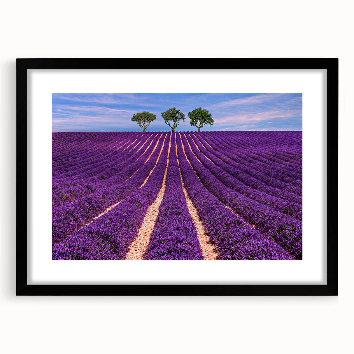 Extra large abstract art print of a vibrant, colorful Provence scenery on textured canvas, framed in black.