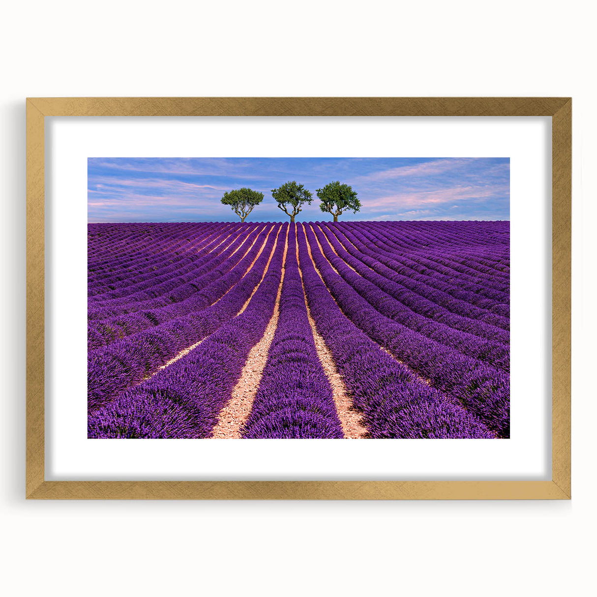 Extra large abstract art print of a Provencal landscape in textured gold frame, ideal for living room decor.