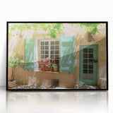 Large abstract wall art featuring a mid-century modernist depiction of a southern France landscape in muted earth tones.