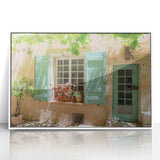 Mid-century modernist art depicting a serene South France landscape on a white-framed acrylic print.