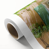 Art deco poster of a serene French southern landscape on rolled canvas, suitable as nursery wall art or in a dining room.