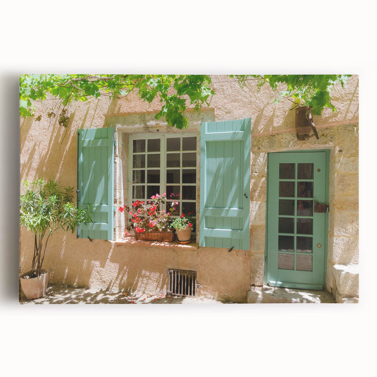 Black and white stretched canvas of a serene French countryside scene, ideal for kitchen wall art.