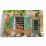 Large black and white photo of a quaint street in Southern France on stretched canvas, ideal for kitchen wall art.