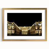 Abstract art print of Versailles scenery in muted gold tones, framed with mat, ideal for dining room decor.