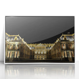 Mid-century modernist art depicting the Versailles gardens in muted green and beige tones on a framed acrylic.