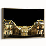 Framed canvas featuring a vintage landscape painting of the Versailles gardens in muted gold and black tones.