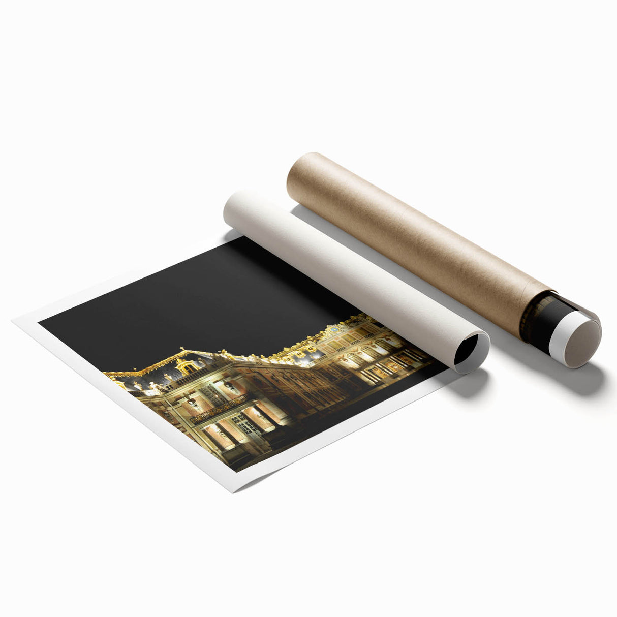 Extra large rolled print of Versailles gardens in muted green and floral tones, ideal for classy bathroom wall art.
