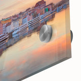 Large abstract wall art depicting a Bavarian landscape in muted earth tones on acrylic glass, ideal for dining room ambiance.