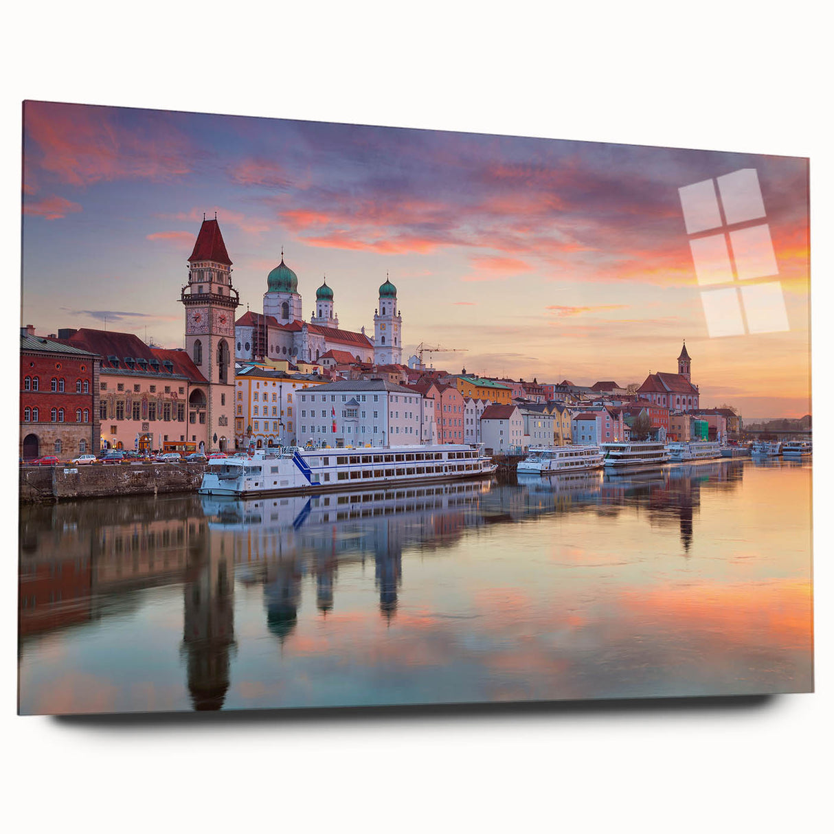 Acrylic print of a Bavarian landscape in muted greens and blues, ideal for bedroom or dining room art.