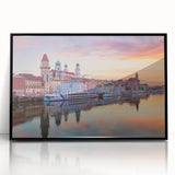 Large abstract wall art depicting a serene Bavarian landscape in muted earth tones, mid-century modernist style.