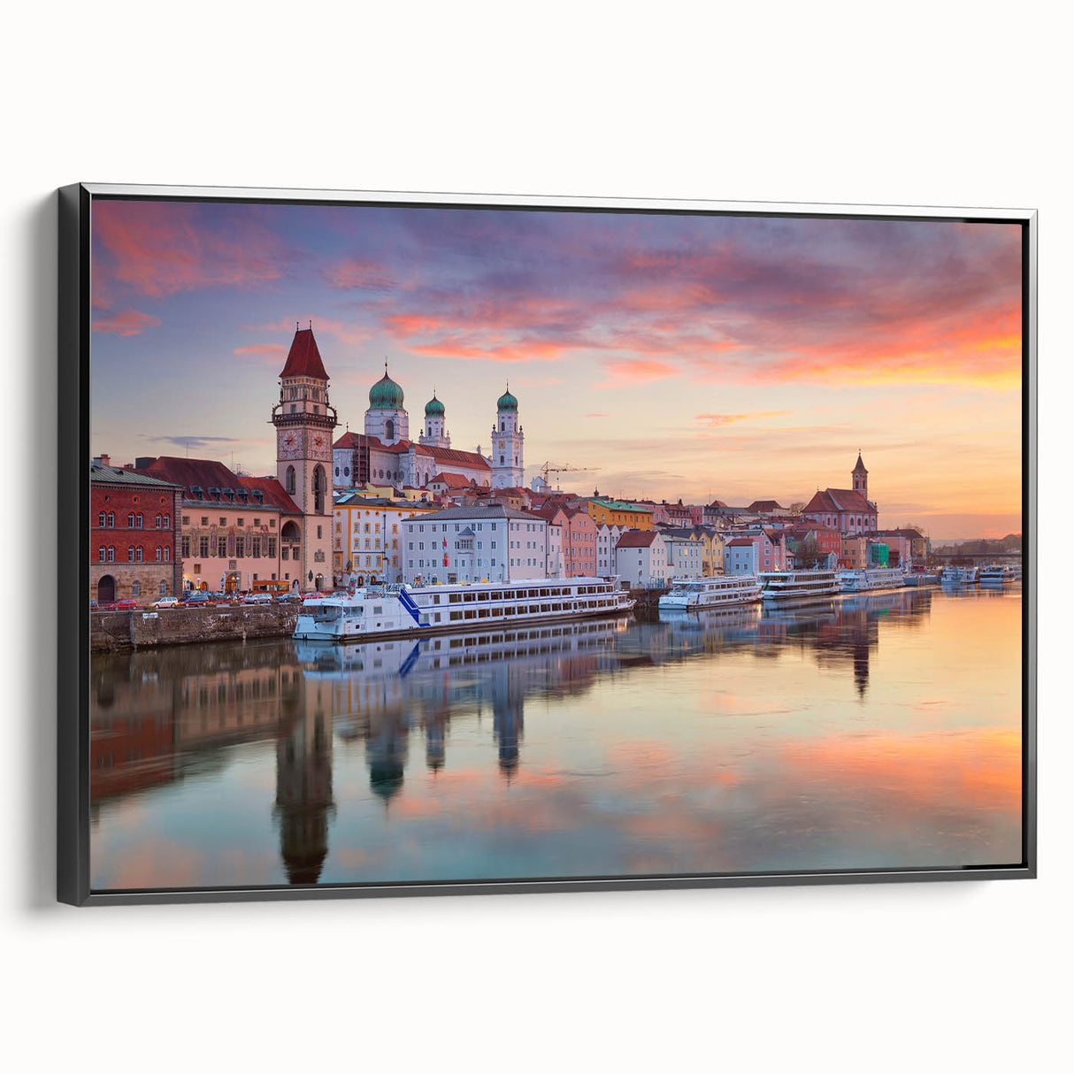 Black and white framed canvas of a Bavarian landscape, ideal for bedroom decor.