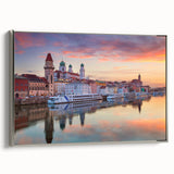 Landscape art painting of Bavaria on a framed canvas, featuring colorful vintage poster art style with a black border.