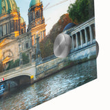 Large abstract wall art of Berlin cityscape in muted gray and blue tones on acrylic glass, ideal for dining room art.