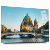 Large abstract depiction of Berlin skyline in muted gray and blue tones on acrylic glass.