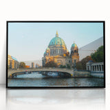 Large abstract wall art featuring muted gray and blue tones of Berlin's skyline on a framed acrylic.