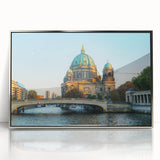 Mid-century modernist art depicting Berlin skyline in muted earth tones on a framed acrylic print.