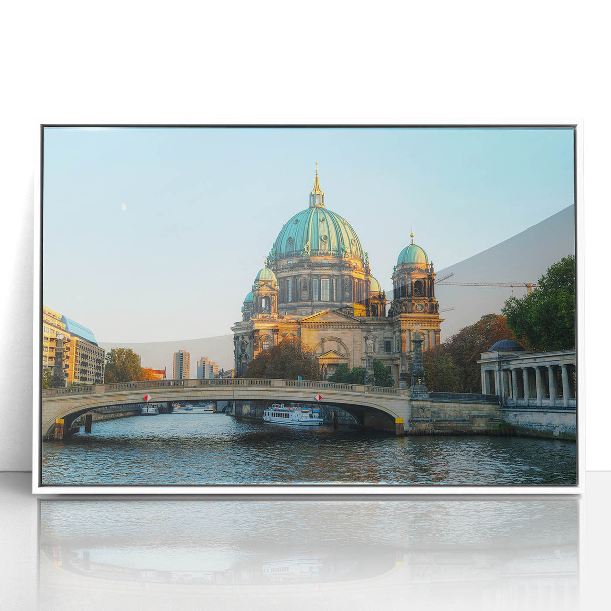 Art deco poster of Berlin skyline in muted gray on white acrylic, framed, suitable for modern art wall decor.