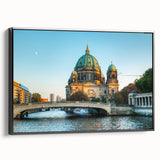 Black and white framed canvas of Berlin landscape, featuring vintage poster art style, ideal for bedroom decor.