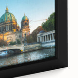 Extra large framed canvas featuring a textured depiction of Berlin's skyline in black with colorful art accents.