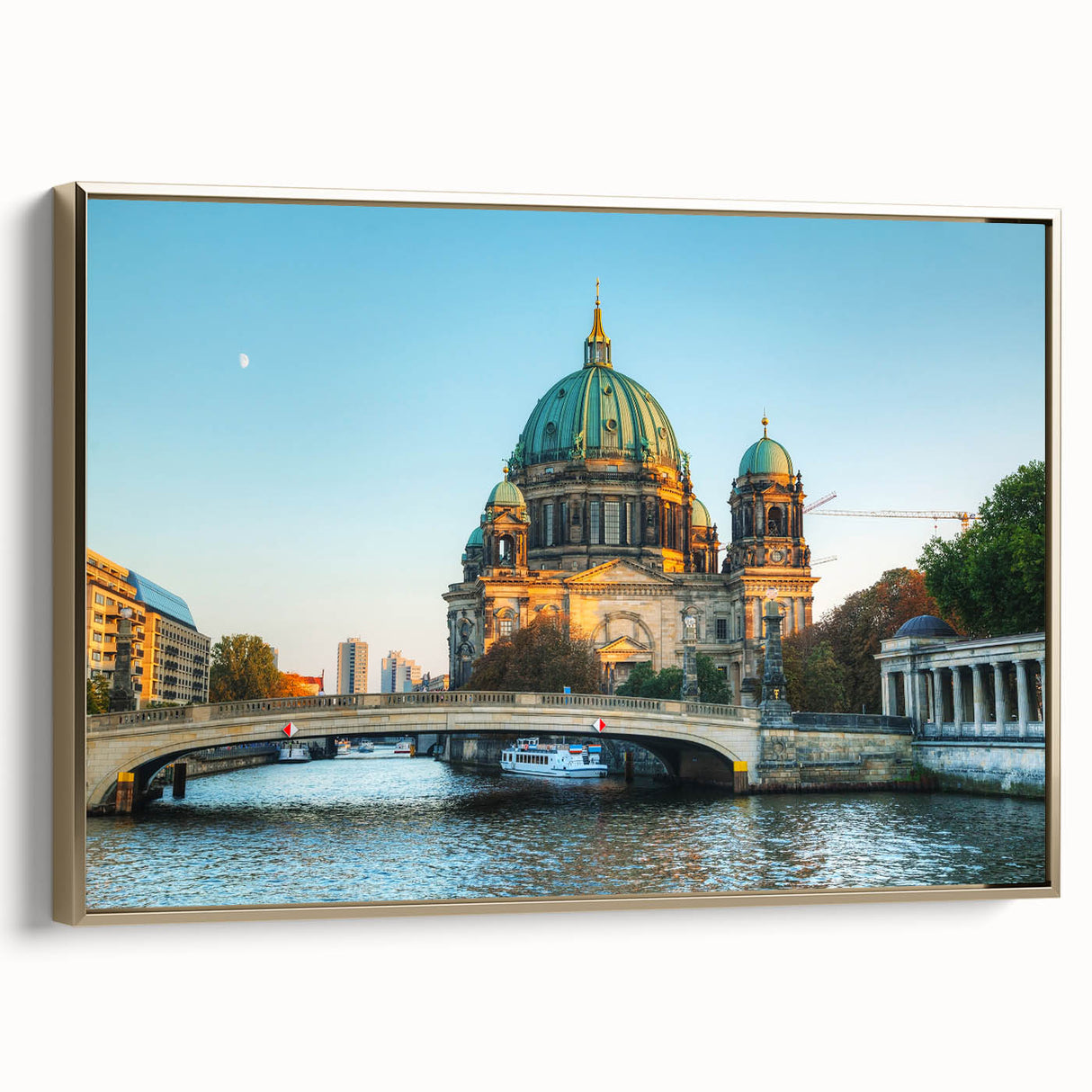 Framed canvas of a vintage Berlin landscape in black and gold, ideal for bedroom wall art.