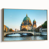 Framed canvas of a vintage Berlin landscape in black and gold, ideal for bedroom wall art.