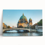 Large black and white photo of Berlin on stretched canvas, ideal for kitchen wall art.