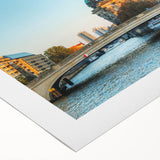 Art deco poster of Berlin skyline in monochrome shades on rolled canvas, suitable for dining room wall art.