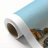 Art Deco poster of Berlin skyline in muted gray and blue tones on rolled canvas, ideal for nursery wall art.