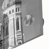 Large abstract depiction of Munich on acrylic glass with mid-century modernist influences, in muted earth tones.