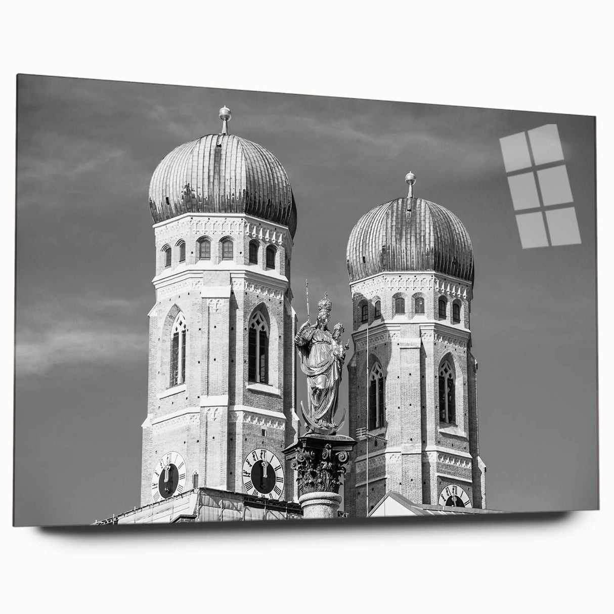 Large abstract depiction of Munich on acrylic glass, featuring cool blue and gray tones.