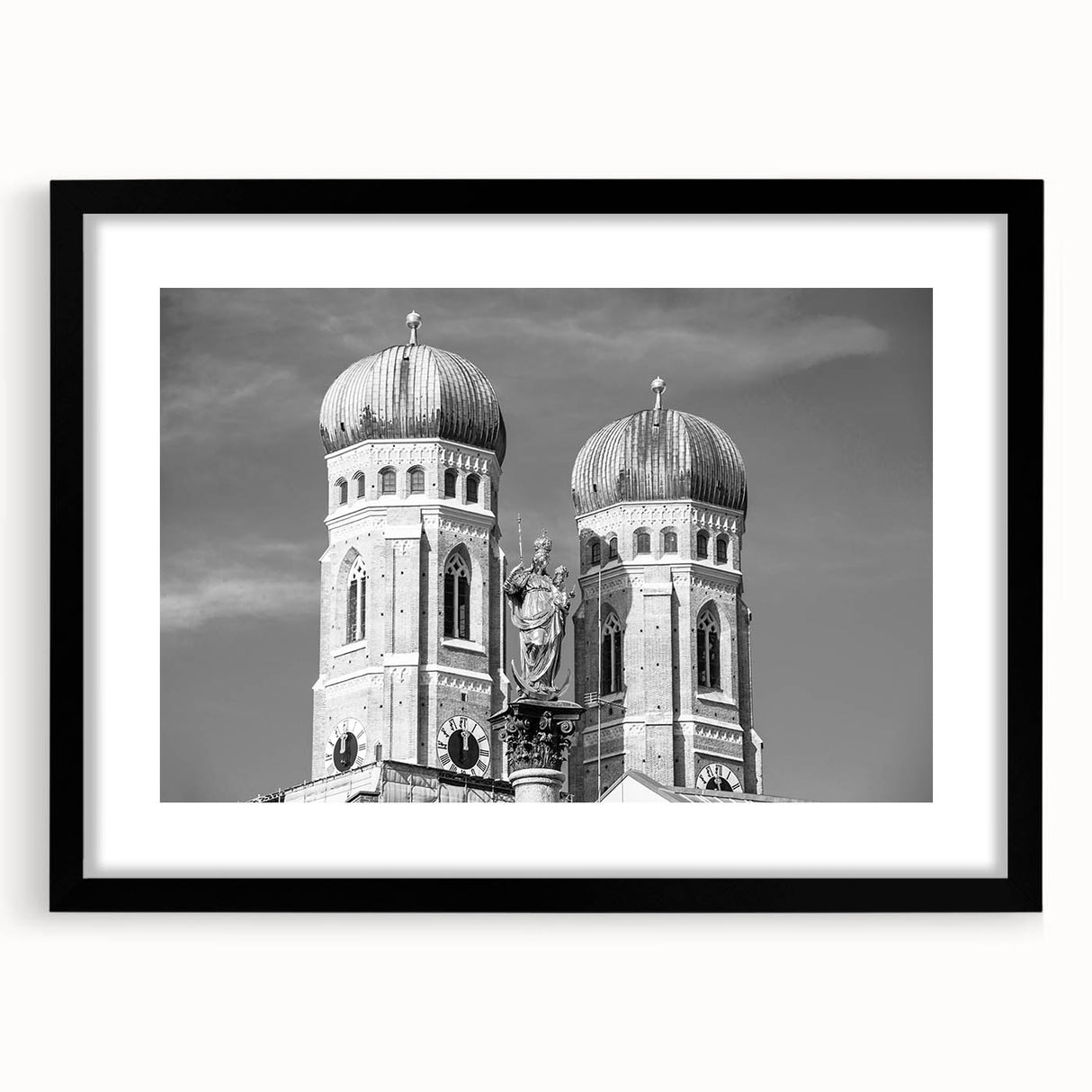 Extra large abstract art print of colorful, textured Munich scenery on a black framed canvas, ideal for living room decor.