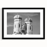 Extra large abstract art print of colorful, textured Munich scenery on a black framed canvas, ideal for living room decor.