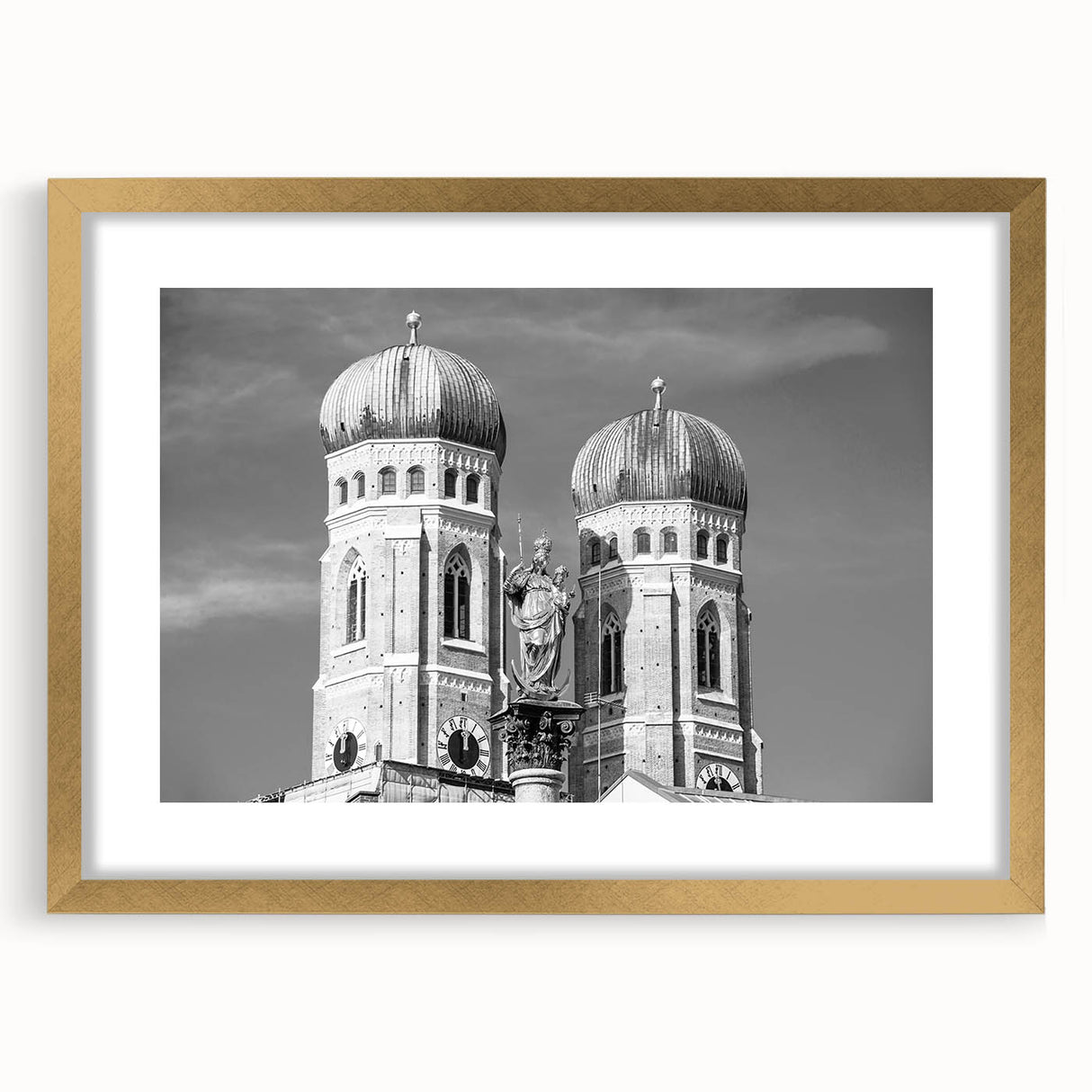 Abstract art print of Munich skyline in muted gold and blue tones on a framed canvas, suitable for dining room decor.