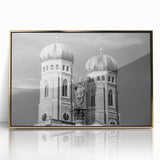 Art Deco poster of Munich skyline in gold and black hues on framed acrylic, suitable for modern art wall decor.