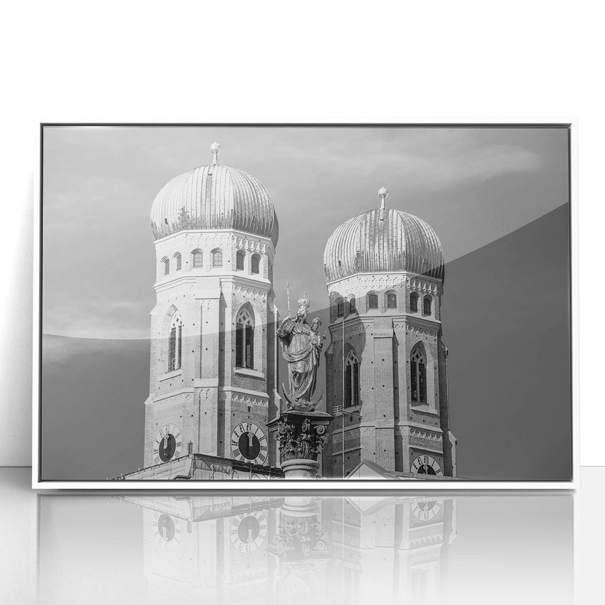 Mid-century modernist art depicting Munich skyline in muted blue tones on framed acrylic, suitable for nursery wall art.