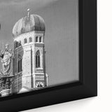 Black wall art featuring a textured Munich cityscape in colorful art style on a framed canvas.