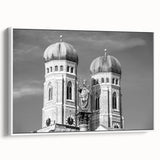 Vintage poster art of Munich scenery, featuring colorful art on white framed canvas, ideal for living room decor.