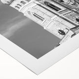 Art deco poster of Munich skyline in muted blue and gray tones on rolled canvas, suitable for dining room decor.