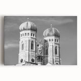 Black and white stretched canvas of Munich skyline, ideal for kitchen wall art or bedroom ambiance.