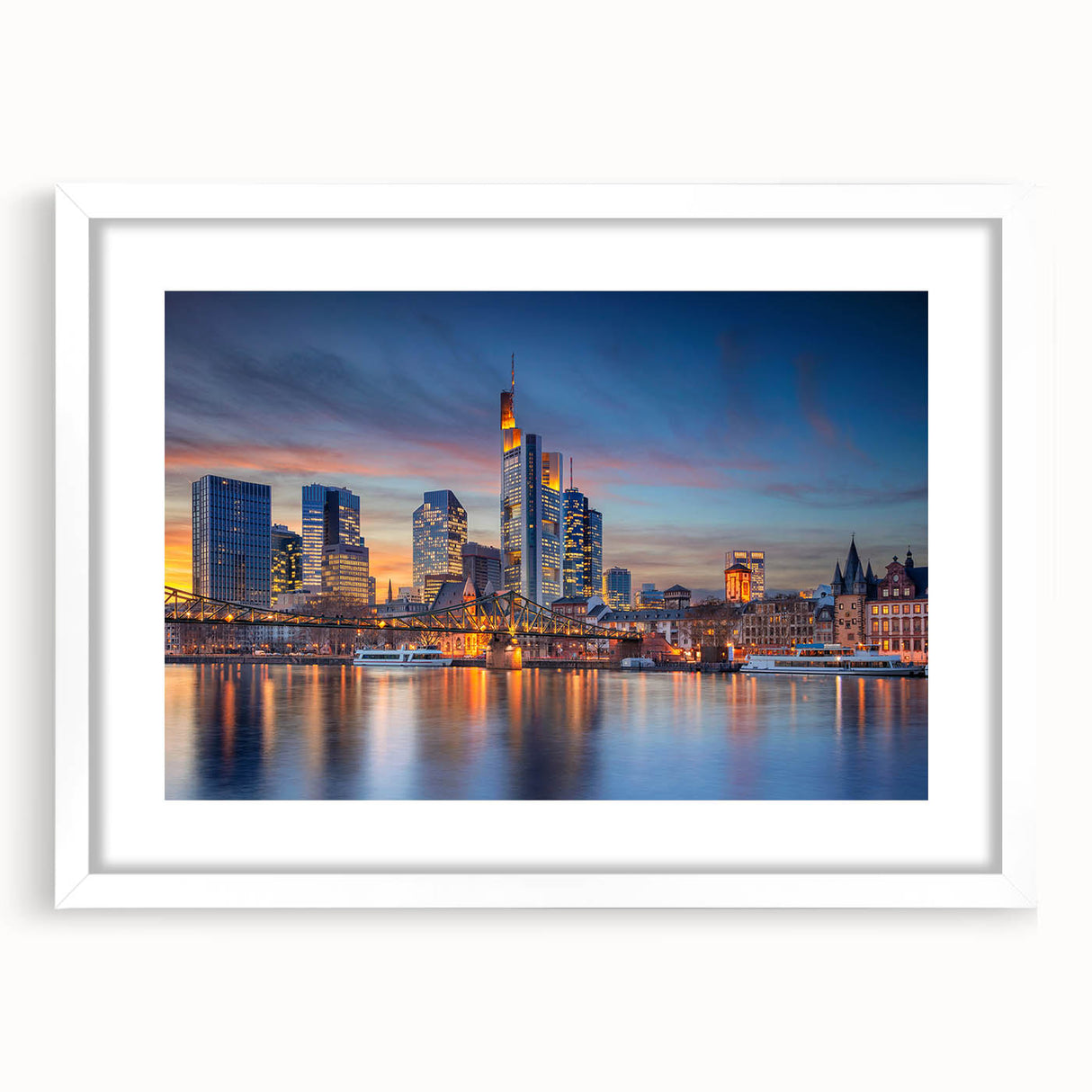 Textured abstract art print of a European scenery in muted earth tones, framed in white, suitable for bedroom decor.