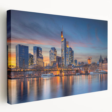 Large art depicting a serene German landscape in muted green and blue tones on stretched canvas.