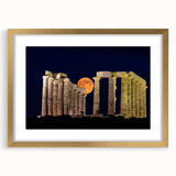 Abstract art print of Athens skyline in muted gold and blue tones on a framed canvas, suitable for dining room decor.