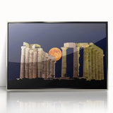 Large art print of Athens skyline in muted earth tones on a silver-framed acrylic, suitable for modern art wall decor.