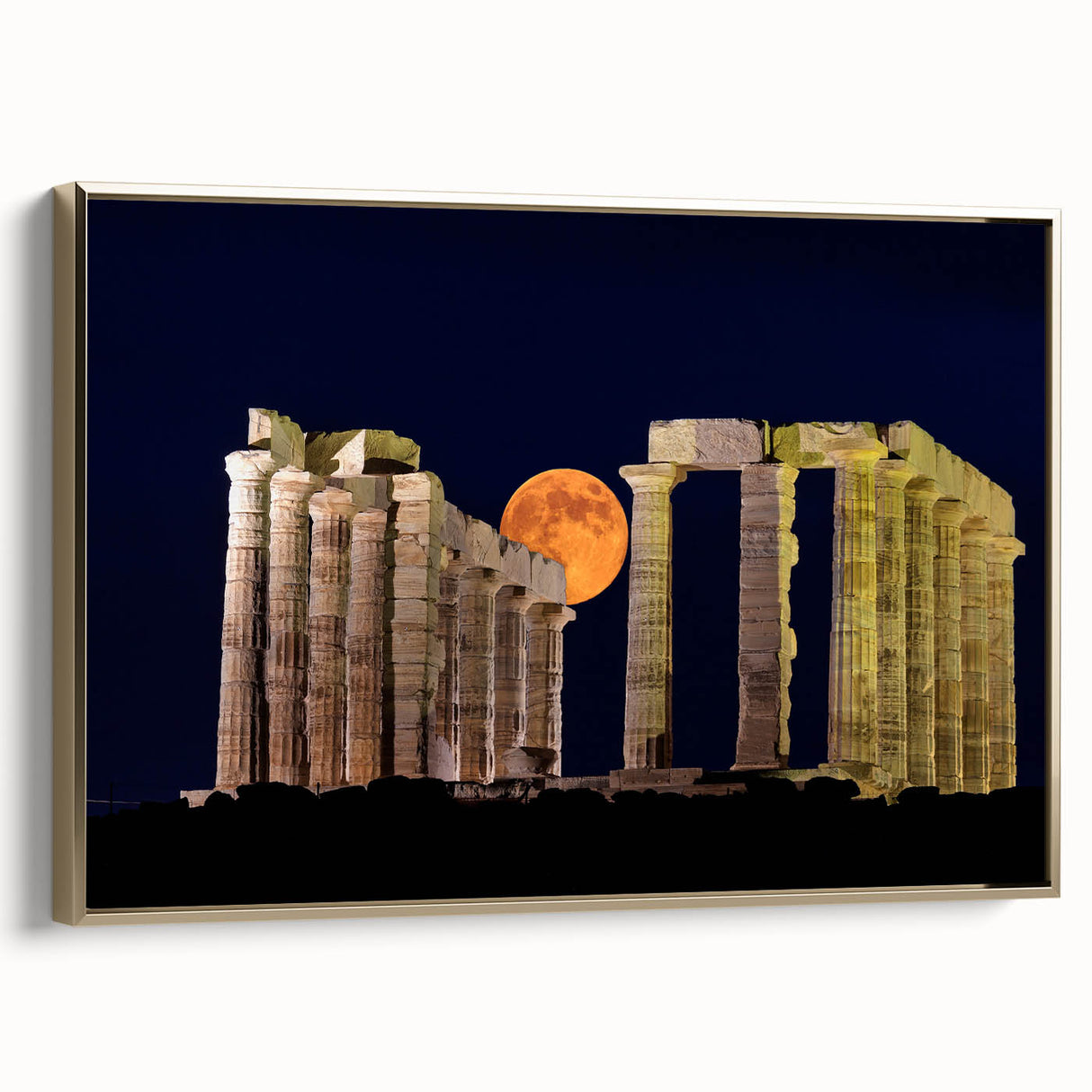 Framed canvas depicting a vintage-style Athens landscape in muted gold and black tones, ideal for bedroom wall art.